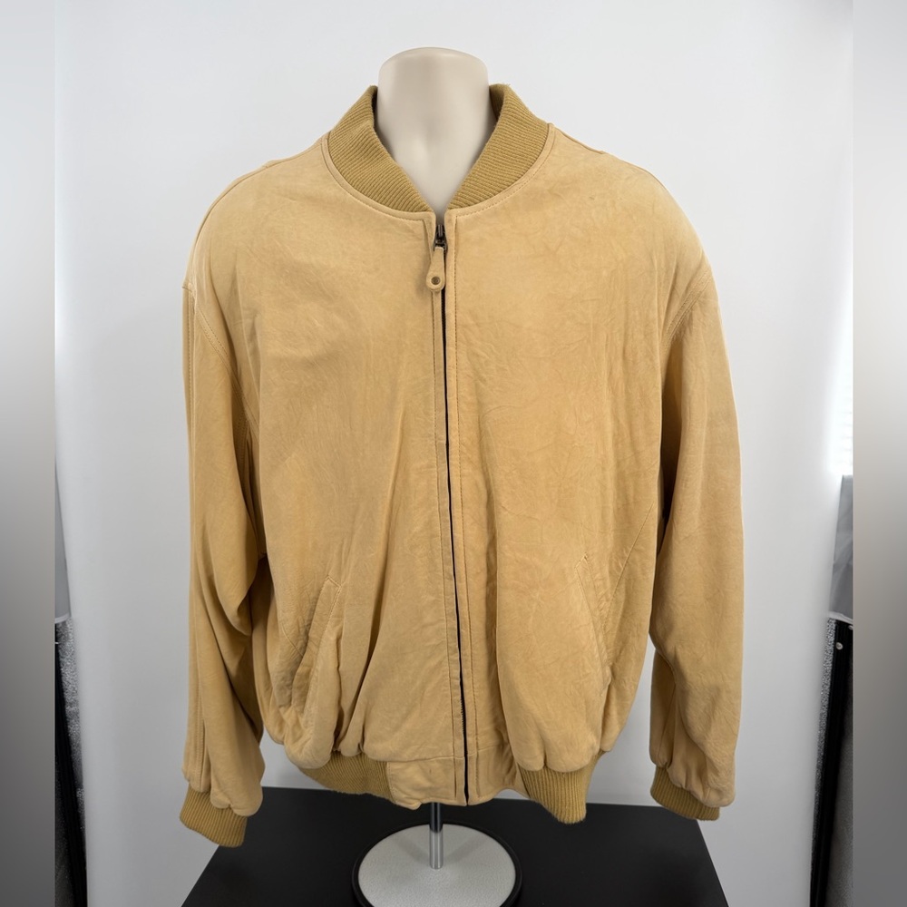 Vintage I. Magnin Men's Tan Leather Bomber Jacket Size XL Full Zip 90s Old Money